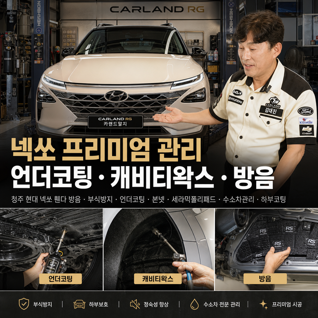 청주 현대 넥쏘 휀다 방음 부식방지 언더코팅 본넷 세라믹폴리패드 수소차관리 하부코팅